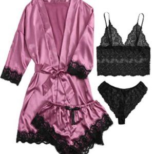 Black and Pink 4 Pieces Satin Floral Lace Lingerie Pajama Set with robe